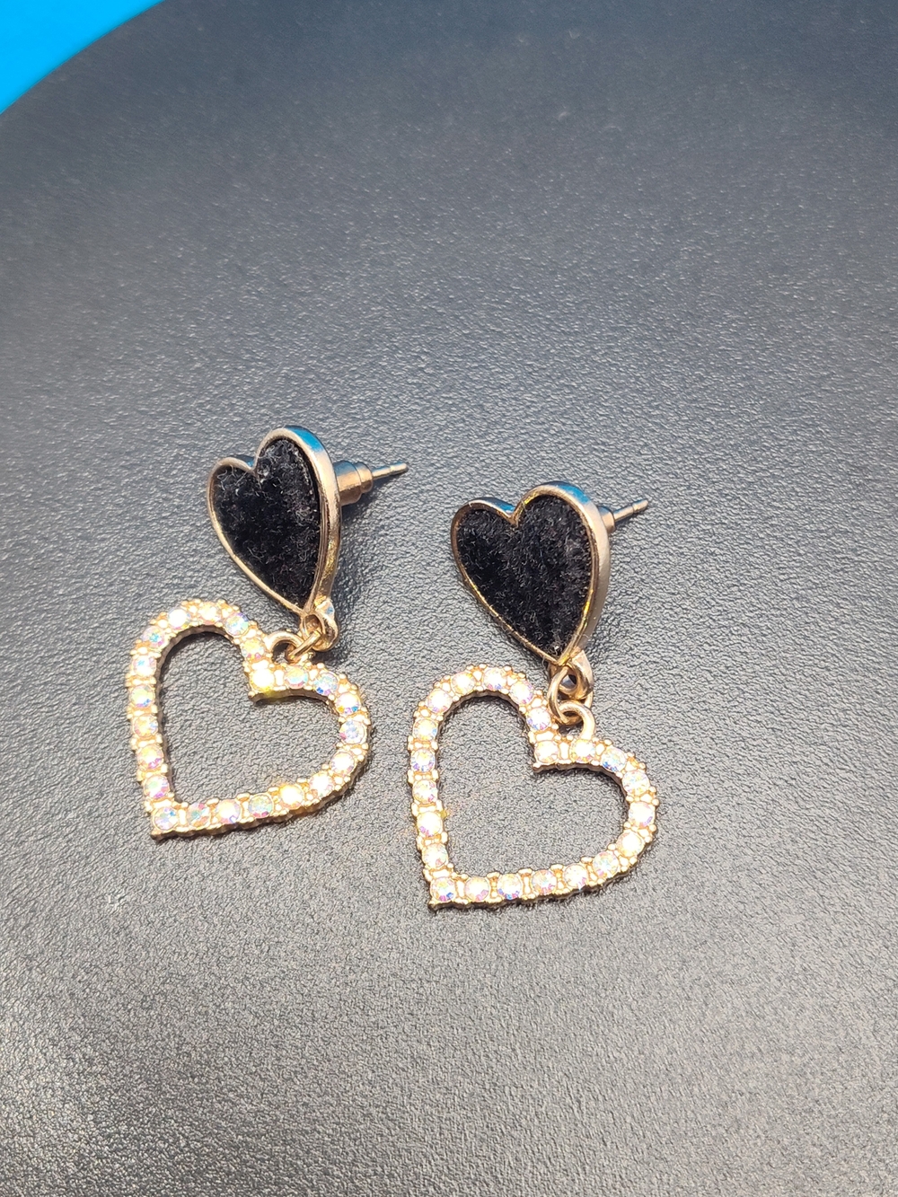 Gold Heart Drop Earrings with Black Velvet Accents